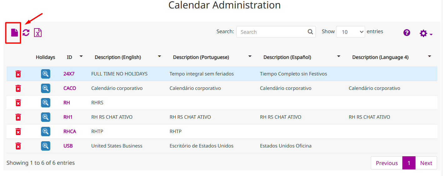 Tela de administração de calendários