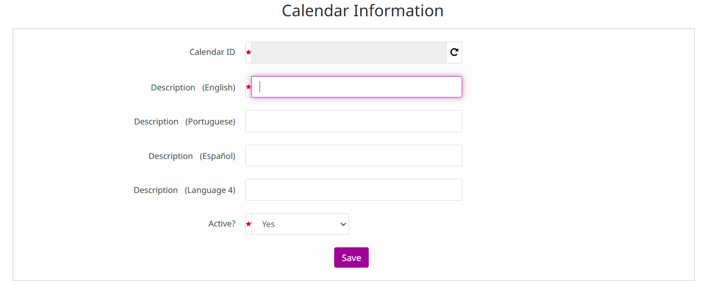 Formulário de cadastro de calendário