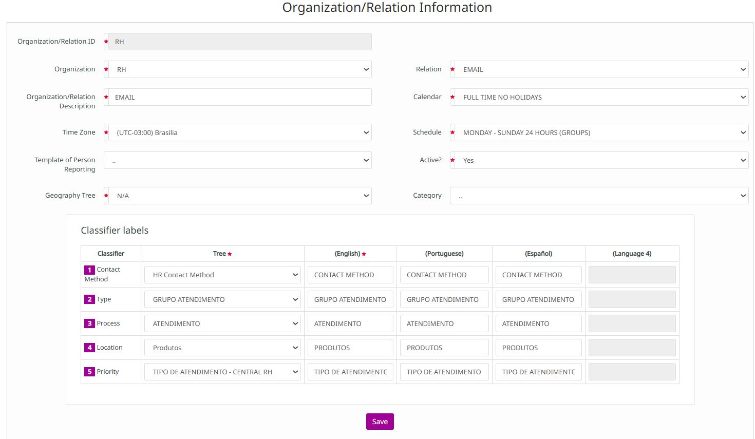 Formulário de Organization/Relation — exemplo preenchido