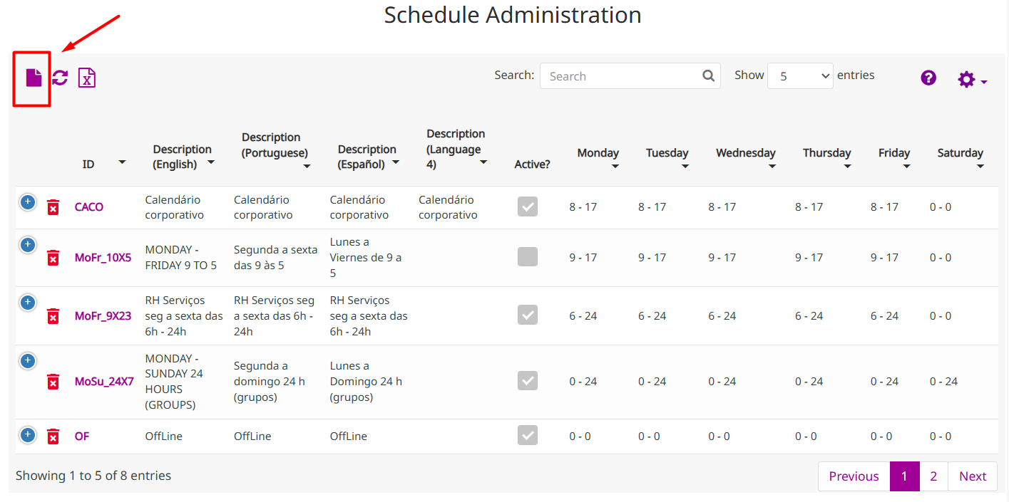 Tela de administração de schedules