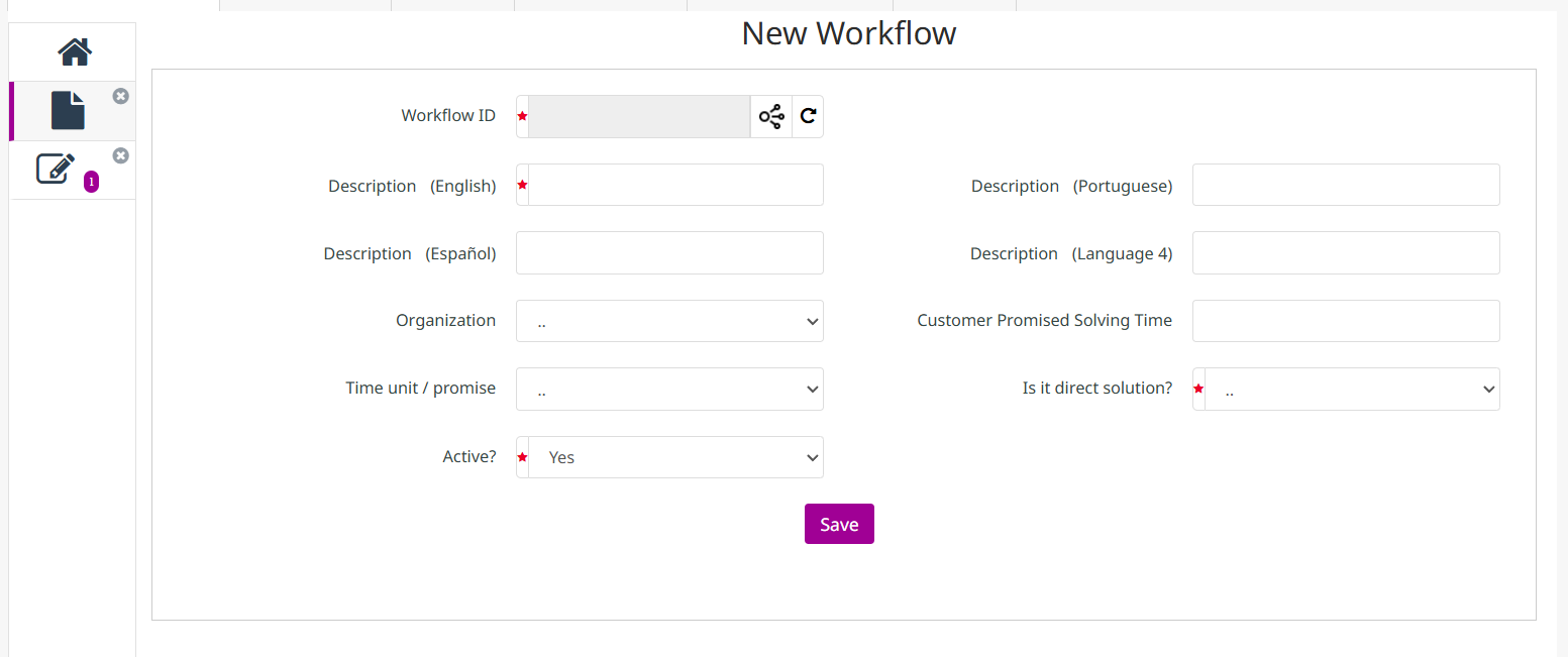 Formulário de novo Workflow